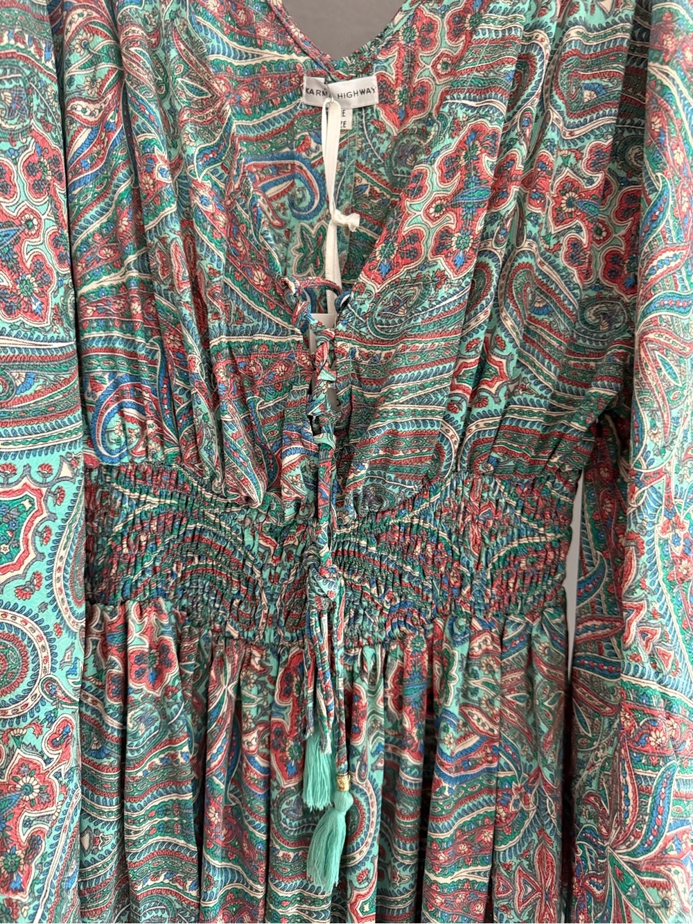 Karma Highway Boho Paisley Maxi Dress Smocked Waist Flowy One Size S-L NWT - Picture 6 of 10